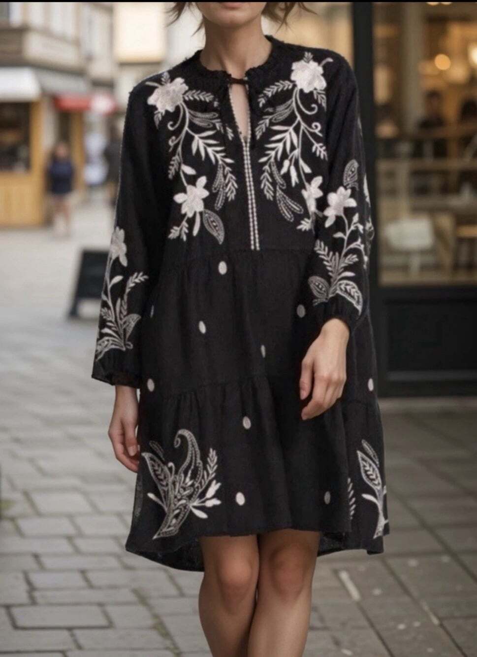 Johnny Was Linen Frankie Tiered Field Dress Black Tan Embroidery Small A587